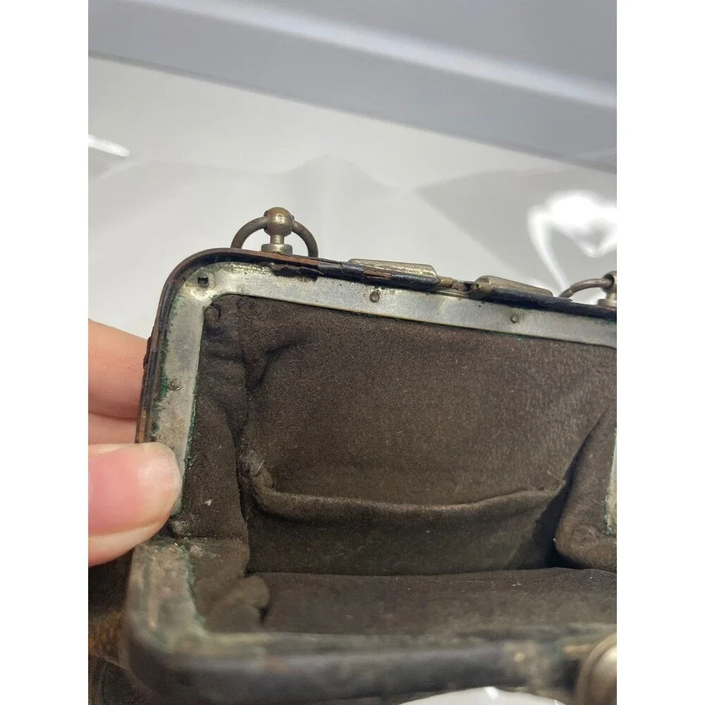 victorian Antique Chatelaine Silver Latch black Leather Purse 1890s